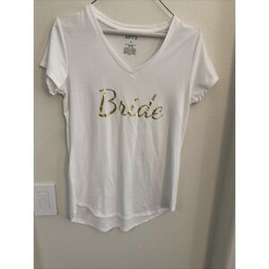 Women's "Bride" Small White‎ & Gold V-Neck Shirt Wedding Party. Fast Ship